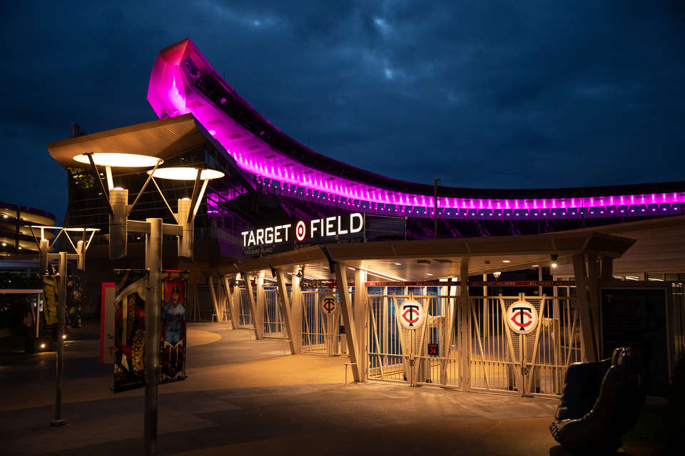 Target Field lighting is turned purple in celebration of the graduating class of 2020, in Minneapolis on May 22, 2020.
