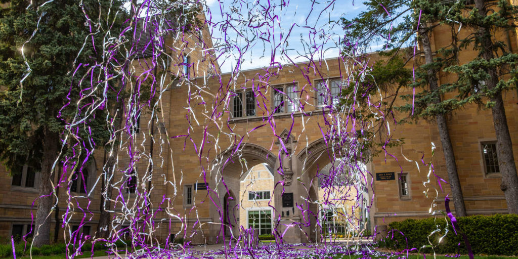 Confetti canons shooting and exploding over the Arches in celebration of the 2020 graduating class in lieu of an in-person commencement ceremony due to the coronavirus covid-19 pandemic. Photos taken on May 7, 2020 in St. Paul in front of the Arches.