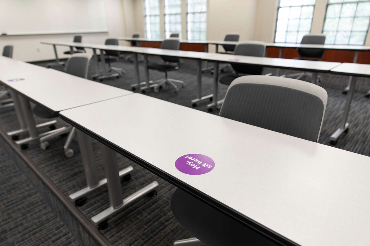 A classroom in Murray Herrick Campus Center is set up for social distancing with space between seats. Mark Brown/University of St. Thomas