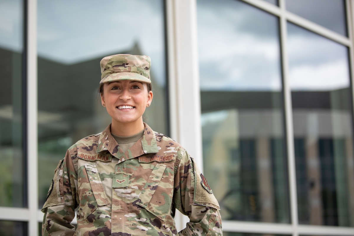 Haley Sonneman is an undergraduate student serving in the Air Force. She deployed last year to Southeast Asia. Portraits taken on the St. Paul campus on August 5, 2020.
