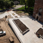 The patio area over Iversen Center for Faith in front of Aquinas Chapel.