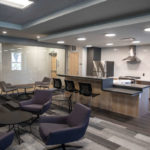 A lounge and food preparation space in Tommie East Residence Hall.