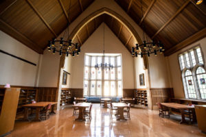 The O'Shaughnessy-Frey Library Center Great Hall, also known as the Harry Potter room, is quiet prior to the start of Fall Semester. Mark Brown/University of St. Thomas