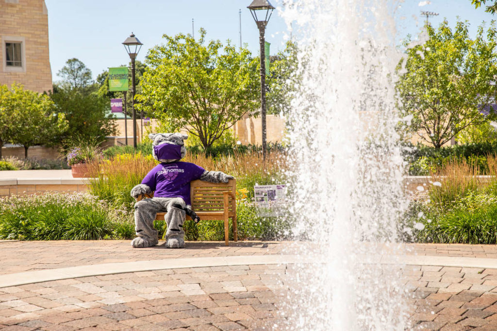 Tommie the Tomcat mascot practices social distancing while wearing a mask and following COVID-19 safety protocols like cleaning and sanitizing as campus prepares to reopen for fall semester on July 15, 2020, in St. Paul.
