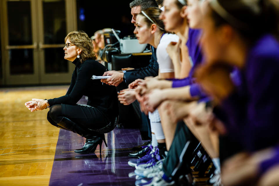 Head coach Ruth Sinn keeps an eye on the court during a women's basketball game versus Gustavus Adolphus College January 6, 2016 in the Anderson Athletic and Recreation Complex's Schoenecker Arena. The Tommies beat the Gusties 67-45.