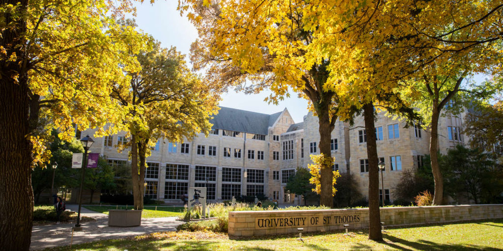 O'Shaughnessy Science Hall and Owens Science Hall amidst the Autumn colors, as seen on October 18, 2018.
