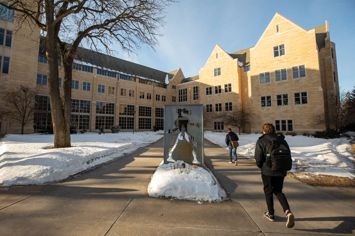 Students walk toward the Frey Science and Engineering Center on a sunny winter day in St. Paul on February 5, 2020, in St. Paul.