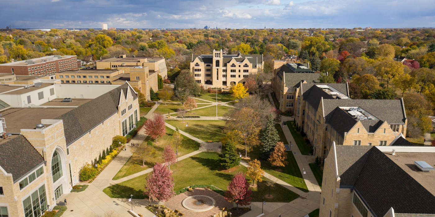 The lower quad - The Anderson Athletic and Recreation Complex, the O’Shaughnessy-Frey Library, JRC, Aquinas Hall and Monahan Plaza as seen from a drone on a cold but pretty fall day on October 16, 2020, in St. Paul.