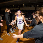 Brynne Rolland runs onto the court on Jan. 22, 2020 at Schoenecker Arena in St. Paul where the University of St. Thomas women's basketball team defeated Macalester with a final score of 63-38. Liam James Doyle/University of St. Thomas