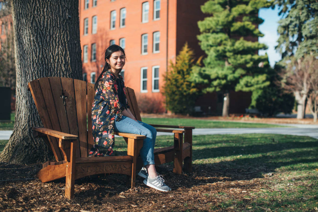 Student Alejandra Galo (Actuarial Science) poses for a portrait on south campus in April. Galo is an international student from Honduras. She was unable to return home when her home country closed its borders.