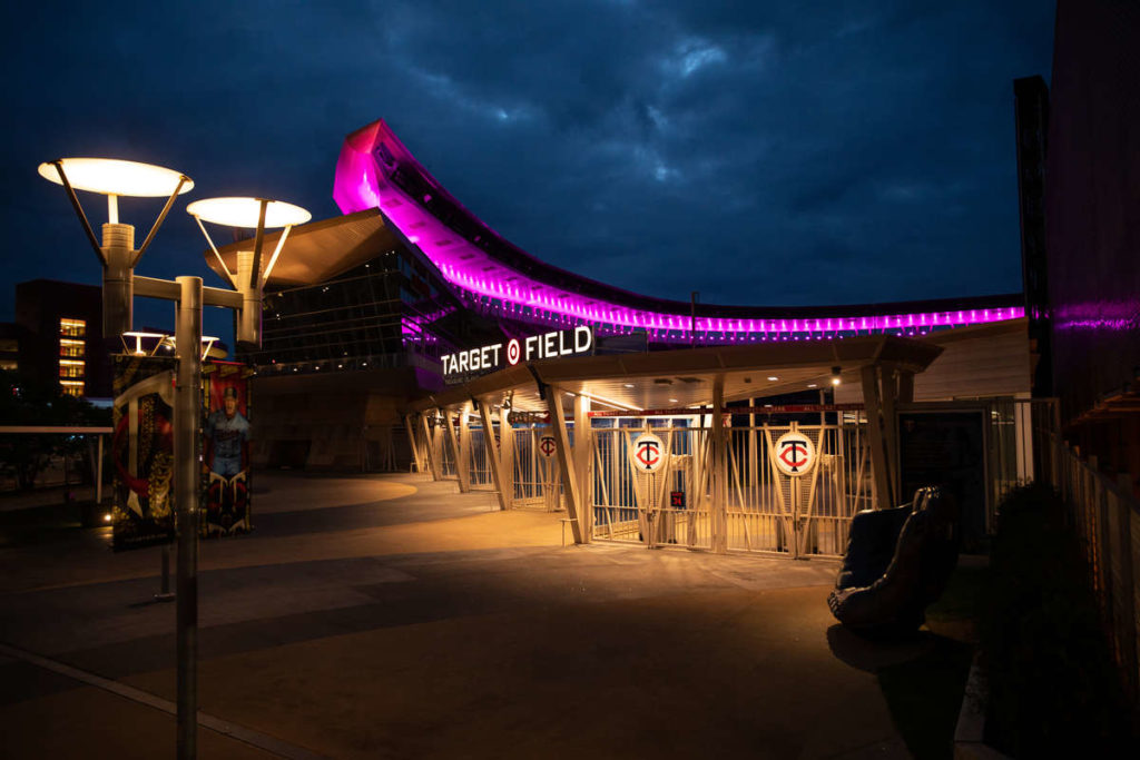 Target Field is lit in purple in celebration of the St. Thomas graduating class of 2020. Mark Brown/University of St. Thomas