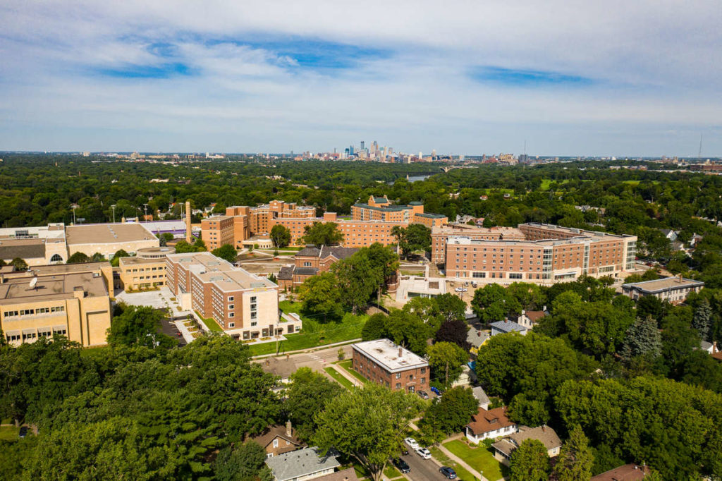 Construction projects transformed north campus in 2020. Tommie East Residence Hall, the Iversen Center for Faith and Tommie North Residence Hall are pictured from a drone in August. Mark Brown/University of St. Thomas