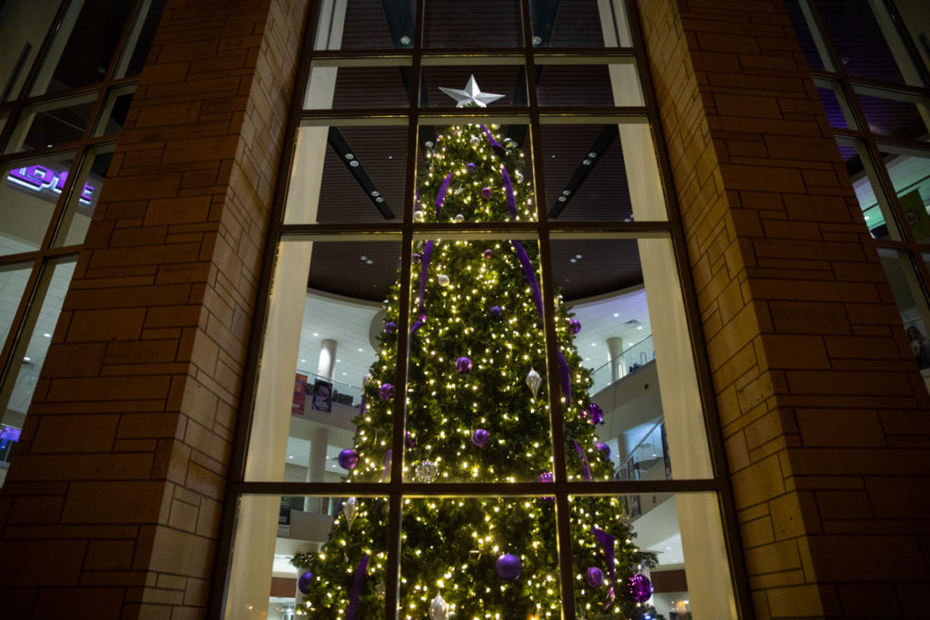 A holiday tree with decorations and lights stands in the Anderson Student Center on December 1, 2020, in St. Paul.