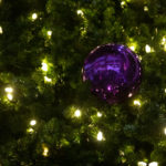 A holiday tree with decorations and lights stands in the Anderson Student Center.
