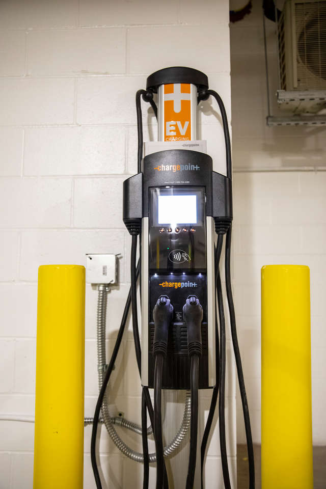 An electric vehicle charging station in the parking garage in the new Tommie East Residence Hall in St. Paul on August 11, 2020.
