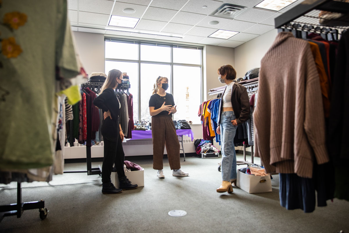 Co-Founders Morgan Ronsen, middle, and Payton Filipiak, right, and volunteer Grace McAlees-Callanan, left, at Tommie's Closet in the Anderson Student Center on March 17, 2021 in St. Paul. Tommie's Closet is a student-led clothing exchange, created by Ashoka Changemaker students, focused on community and sustainability.