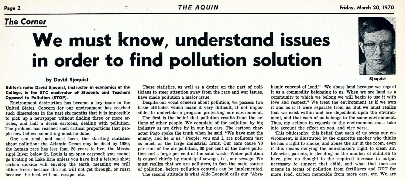 Earth Day Aquin article from March 20, 1970.