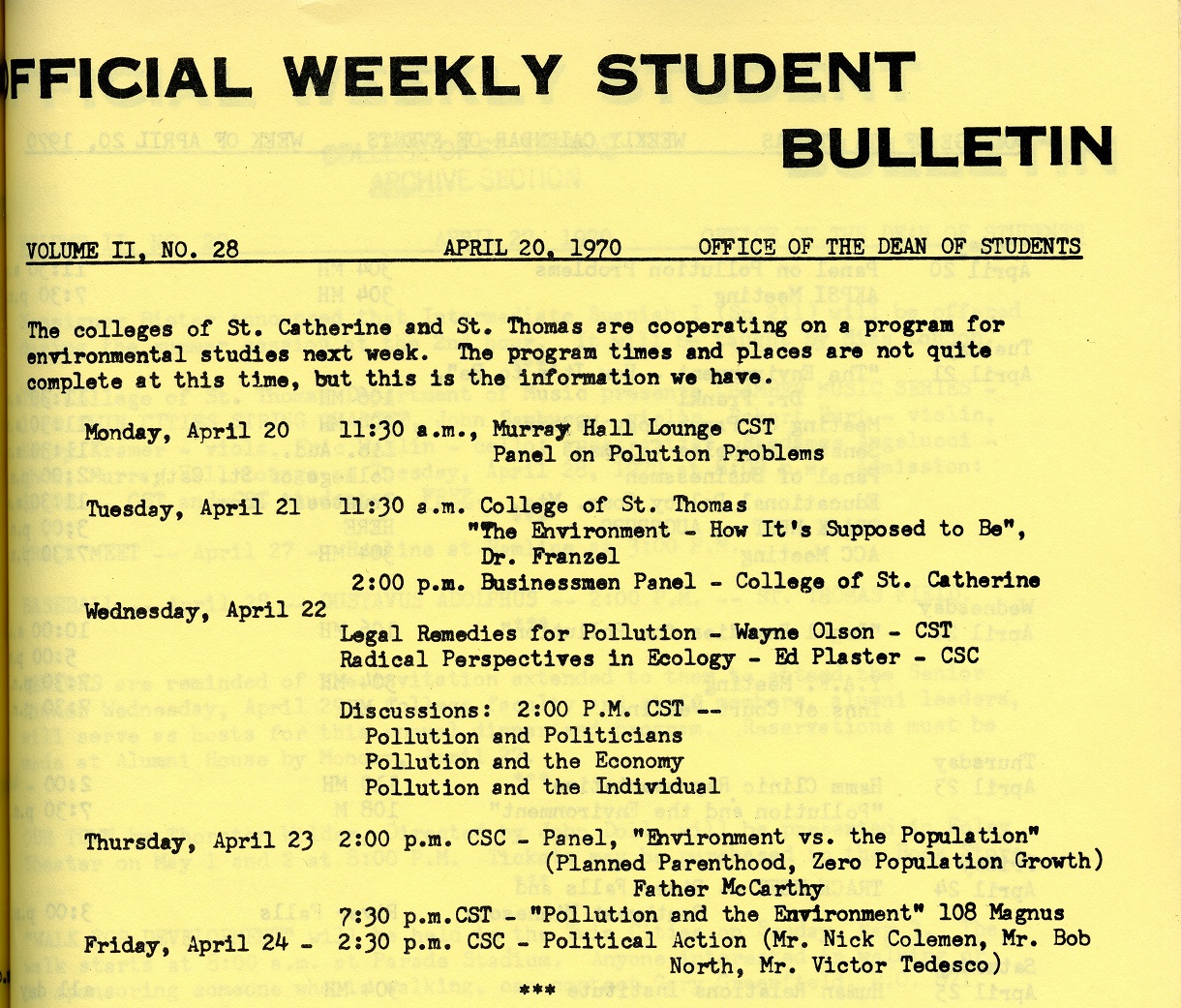 Student bulletin from April 20, 1970.