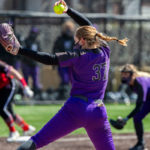Kierstin Anderson-Glass pitches the ball during the University of St. Thomas Women’s Softball team’s game against Bethany Lutheran College. Liam James Doyle/University of St. Thomas