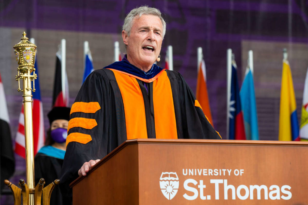 Executive Vice President and Provost Dr. Richard Plumb speaks to students during the graduate commencement ceremony. Liam James Doyle/University of St. Thomas