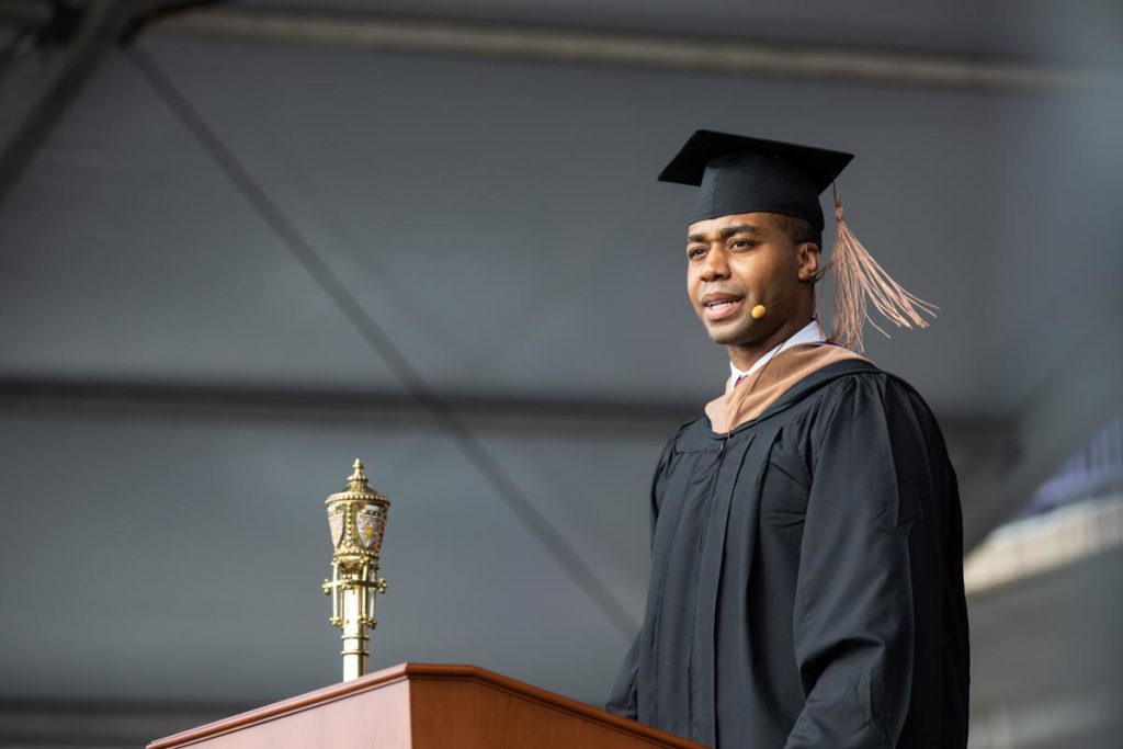 Ifedi Obidiegwu gives the OCB student address the during commencement ceremony for graduate programs in the Opus College of Business and School of Engineering. Mark Brown/University of St. Thomas
