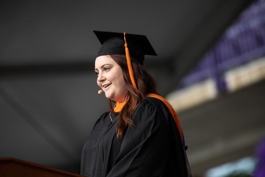 Erin Mortenson gives the student address for the School of Engineering during the commencement ceremony for graduate programs in the Opus College of Business and School of Engineering. Mark Brown/University of St. Thomas