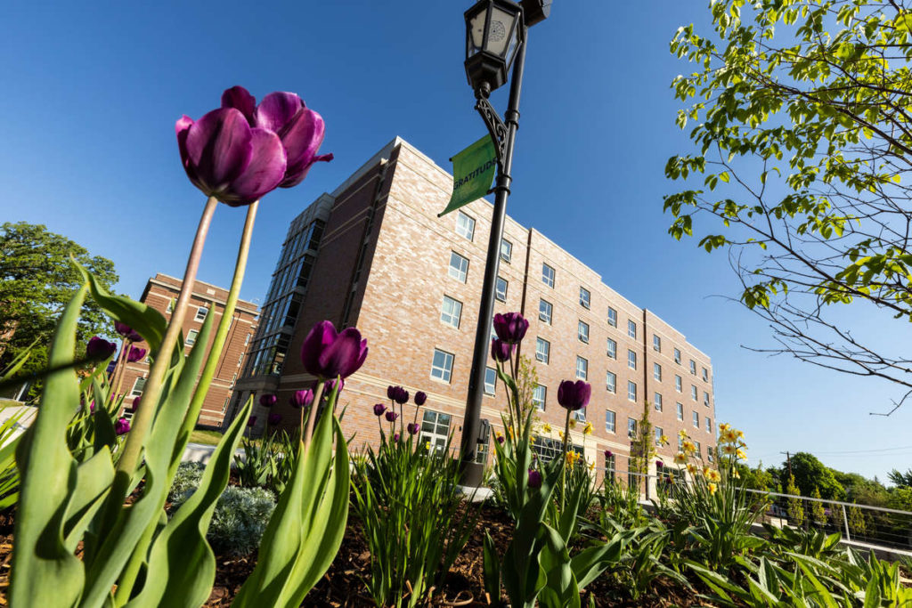Tommie North Residence Hall sands beyond a bed of flowers on a beautiful sunny spring morning. Mark Brown/University of St. Thomas