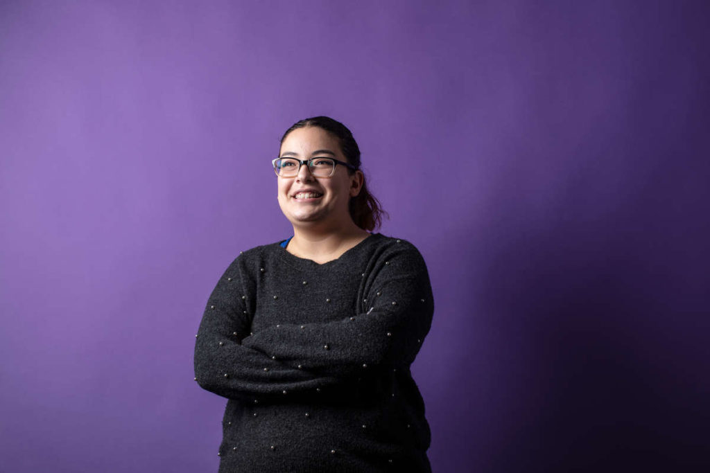 Dougherty Family College student Brenda Saucedo poses for a studio portrait on October 26, 2020, in St. Paul. Saucedo interned at 3M.