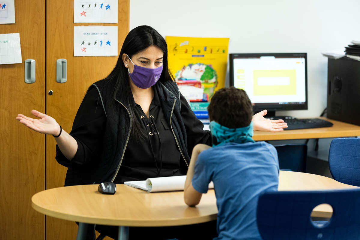 Rania Parakeva, a special education teacher at Island Lake Elementary School in Shoreview, teaches in her classroom on April 21, 2021.