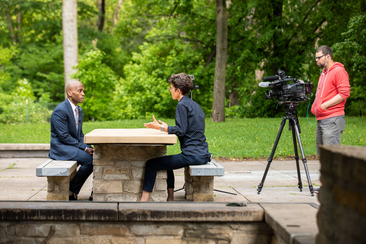 Founding Director of the Racial Justice Initiative at the University of St. Thomas Dr. Yohuru Williams is interviewed by KARE 11 news anchor Jana Shortal at Hidden Falls Regional Park in St. Paul in May.
