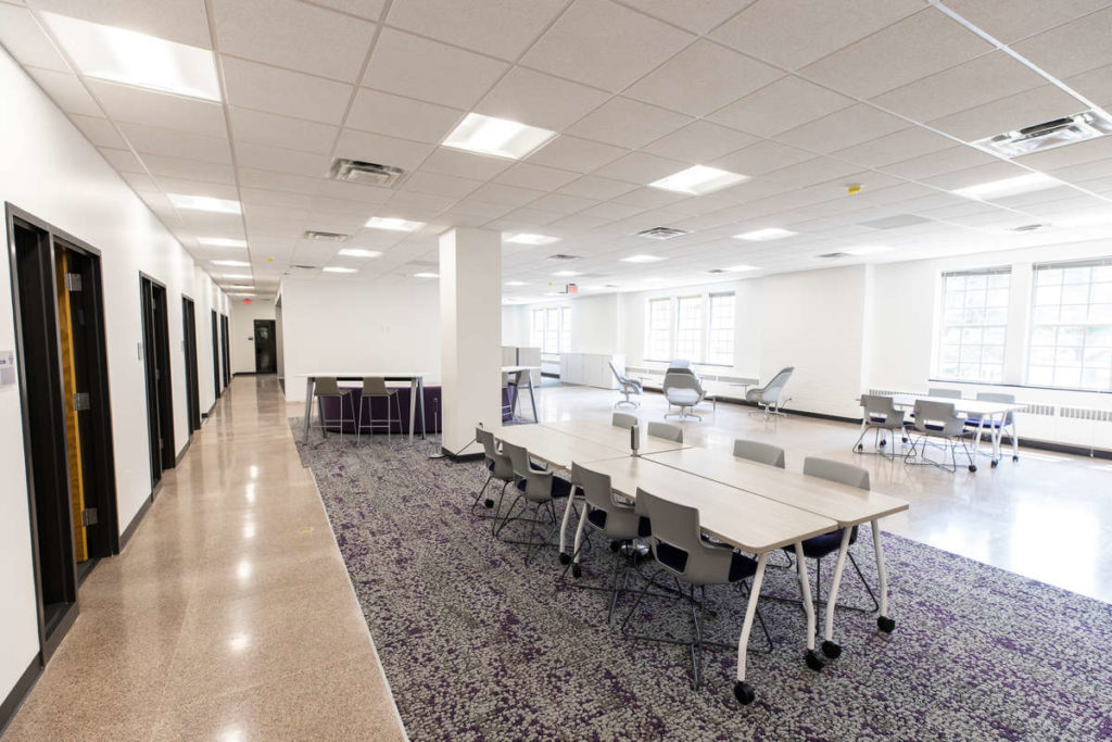 A view of the completed interior of the Alumni Corporate and Careers.