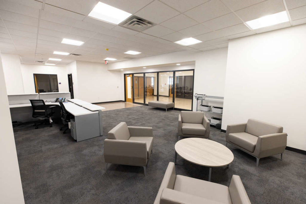 A view of the completed interior of the Alumni Corporate and Careers.