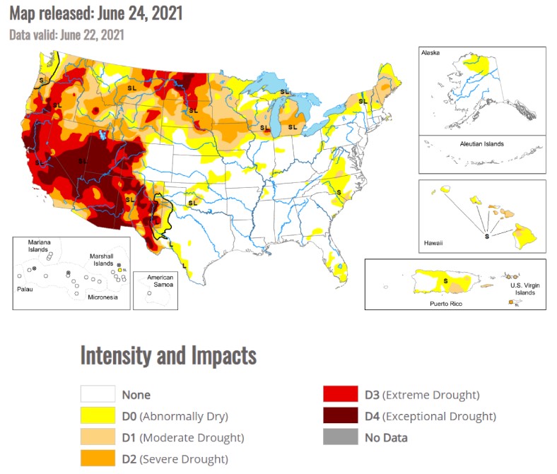 June 2021 U.S. Drought Monitor map.