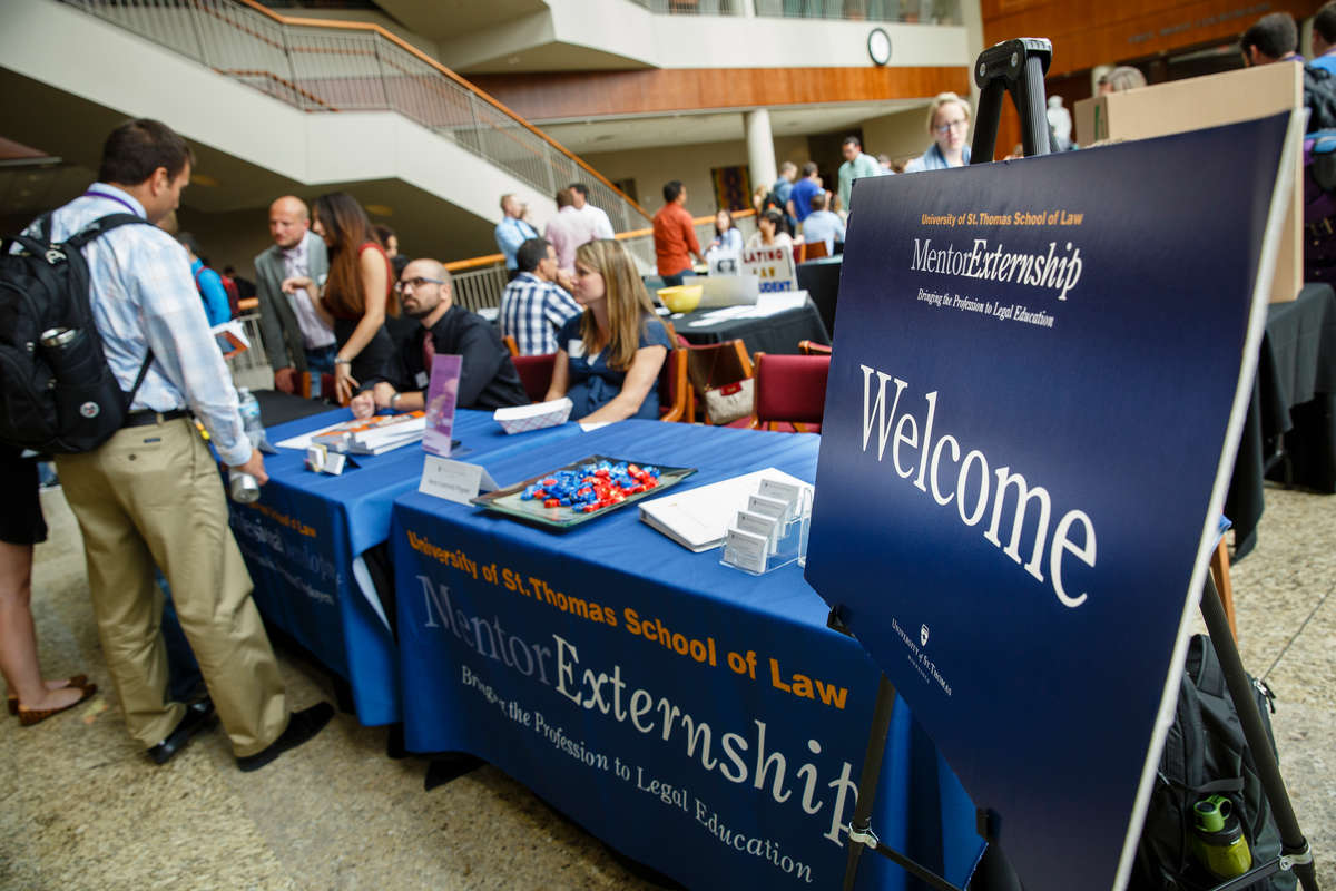 Students at a law school activities fair.
