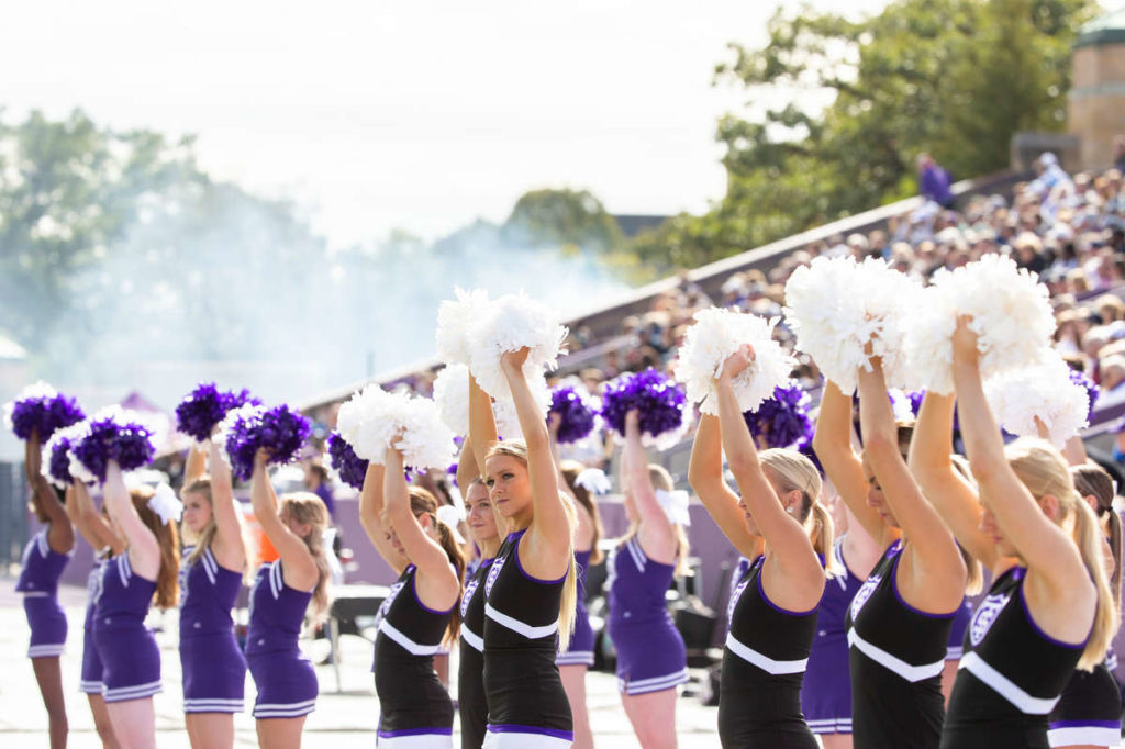 Student members of the Dance and Cheerleading Teams cheer from the sidelines at O’Shaughnessy Stadium on September 25, 2021 where the University of St. Thomas Football Team won their first Division 1 home game against Butler University with a final score of 36-0.