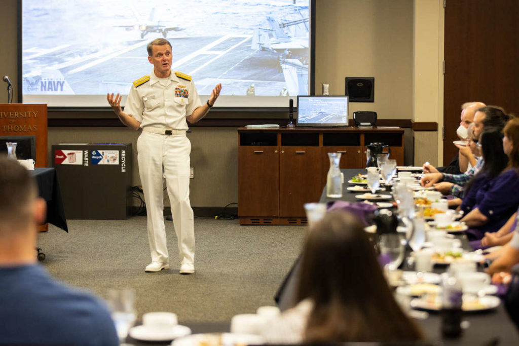 Rear Admiral Gene Price gives a presentation on the U.S. Navy during a luncheon hosted by Veteran Services in the Anderson Student Center on September 29, 2021, in St. Paul. Liam James Doyle/University of St. Thomas