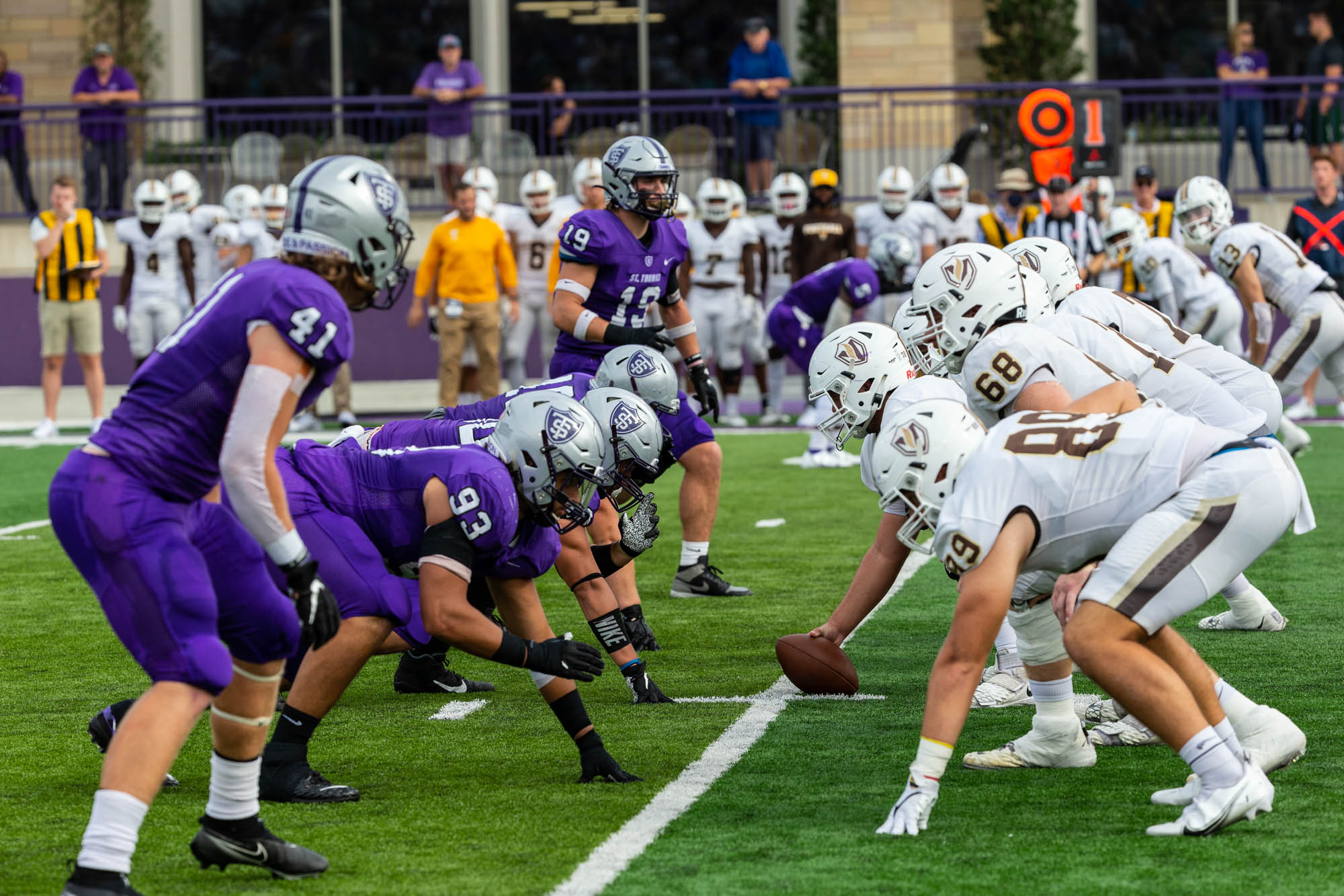 The Tommies line up during the Homecoming football game against Valparaiso University. Mark Brown/University of St. Thomas