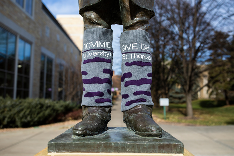 The John Ireland statue stands adorned with special socks to help celebrate and promote Tommie Give Day, as seen on Nov. 12, 2019.