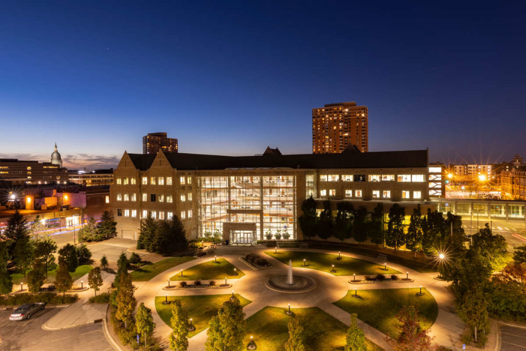 The School of Law Building at dusk in October. Mark Brown/University of St. Thomas