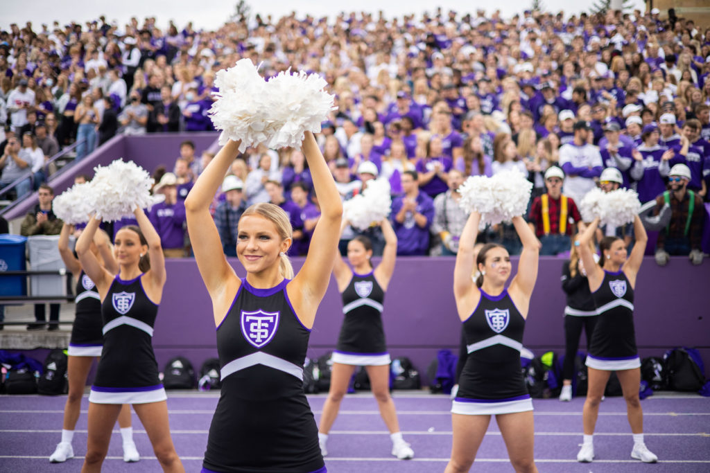 The Dance Team cheer from the sidelines at O’Shaughnessy Stadium on September 25, 2021 where the University of St. Thomas Football Team won their first Division 1 home game against Butler University with a final score of 36-0. Liam James Doyle/University of St. Thomas