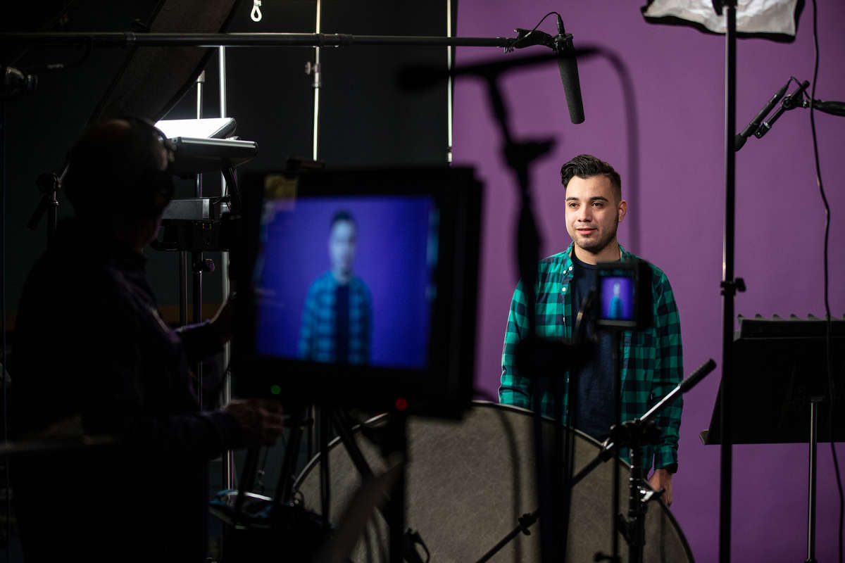 Cesar Oswaldo Mendez Portillo participates in a Spanish language awareness campaign television advertisement in the St. Thomas multimedia studio on January 26, 2022, in St. Paul.