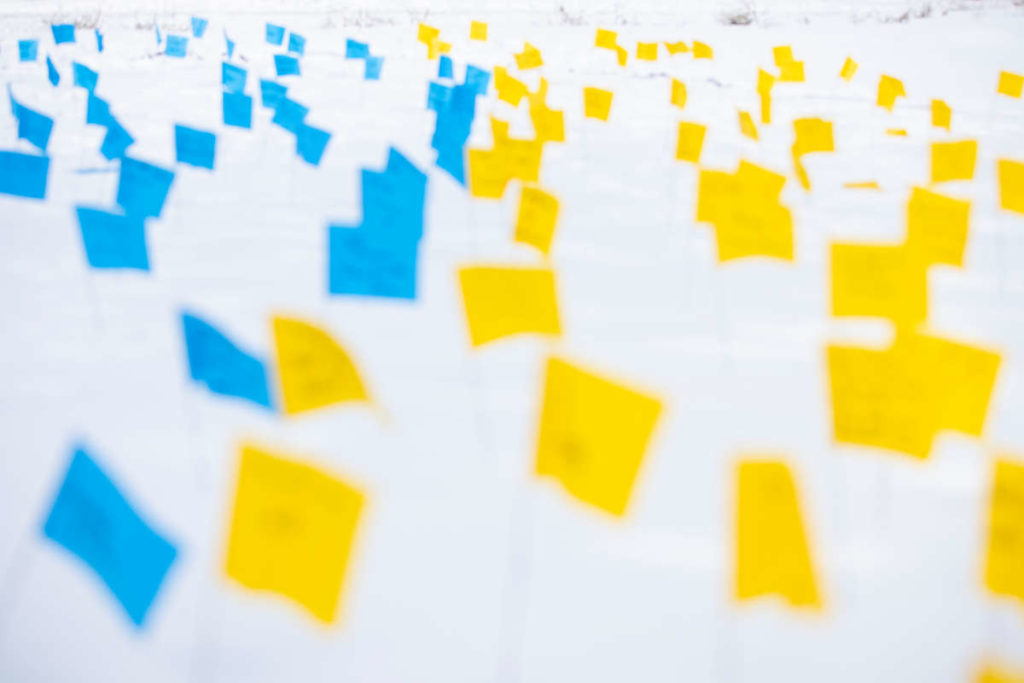 An art installation of flags in the color of the Ukraine flag