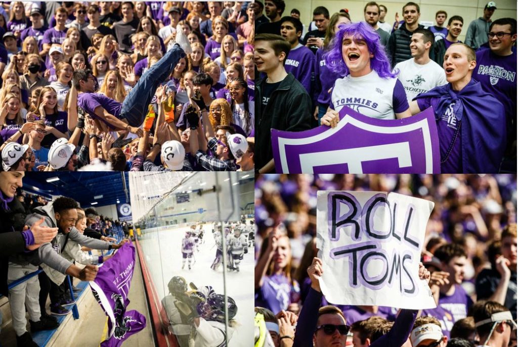 St. Thomas fans cheer at football, basketball and hockey games.