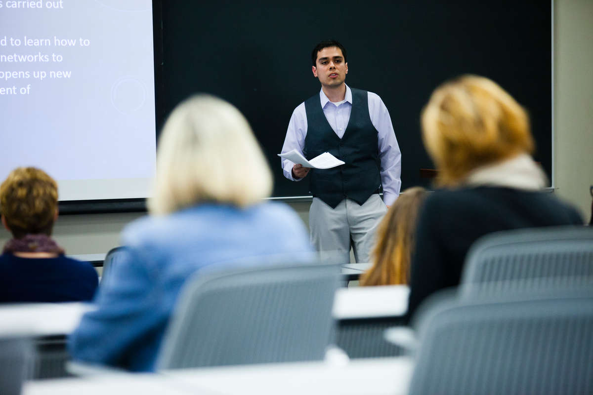 Fernando Sanchez, a St. Thomas english program graduate an Ph.D. candidate at Purdue University gives a lecture in Murray Herrick Center on Friday, March 13, 2015.