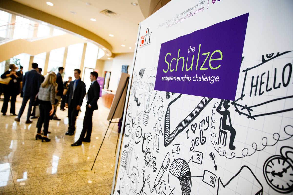 A Schulze Entrepreneurship Challenge sign is shown during the e-Fest Schulze Entrepreneurship Challenge April 14, 2018 in the Schulze Hall atrium.