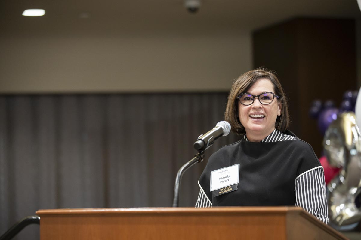 Board Member Wendy Wyatt speaks at the ThreeSixty Journalism Homecoming 20th Anniversary Celebration in Woulfe Alumni Hall in St. Paul on April 9, 2022.