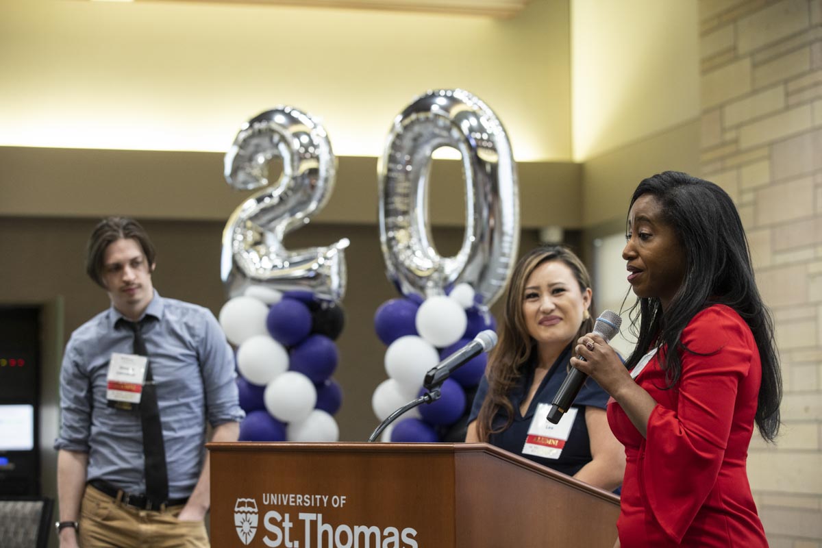 Alums speak  at the ThreeSixty Journalism Homecoming 20th Anniversary Celebration in Woulfe Alumni Hall in St. Paul on April 9, 2022.