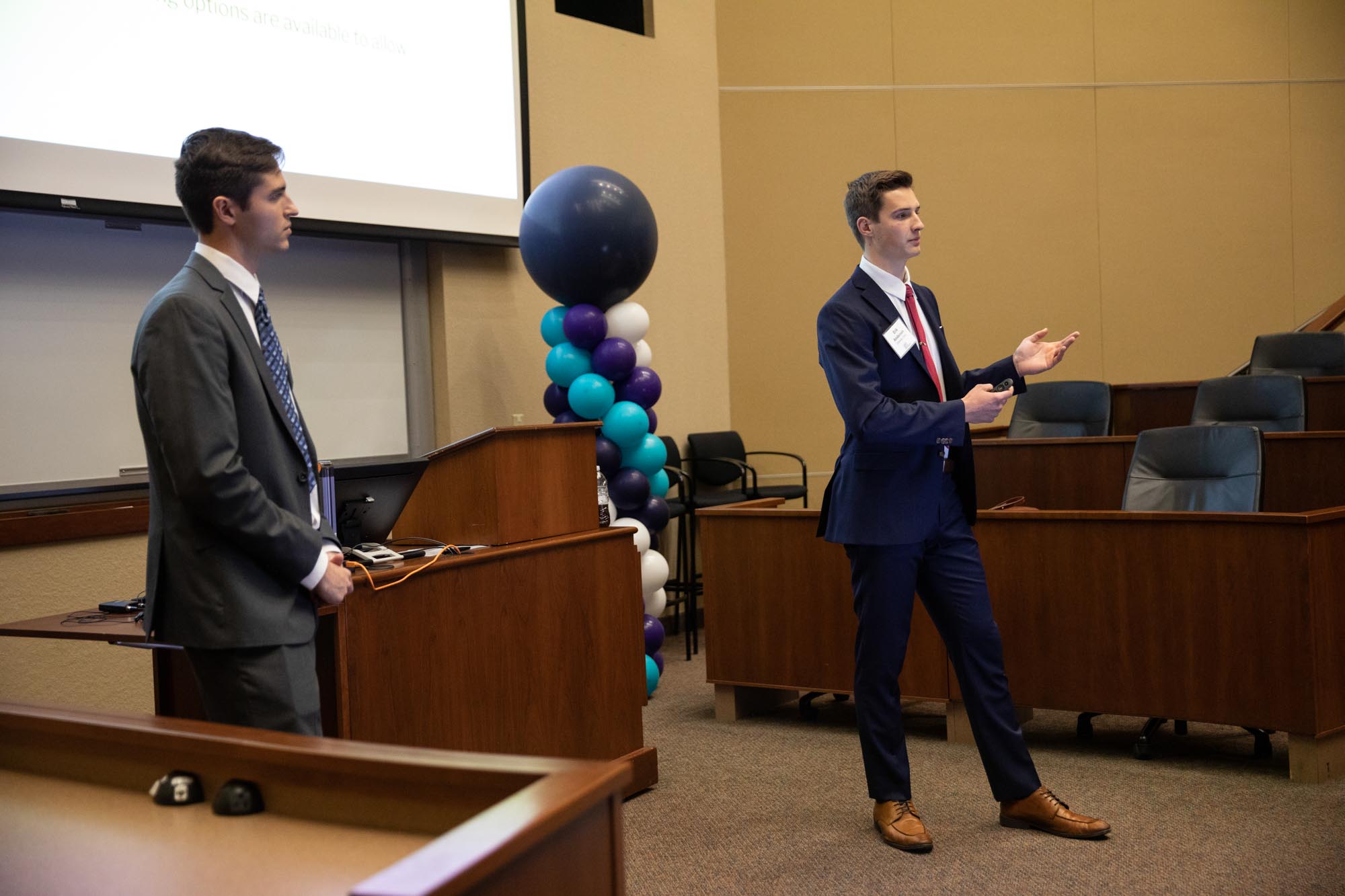 Erik Andersen and Ben Frey of Cleanair pitch during the Fowler Global Social Innovation Challenge in Schulze Hall on April 22, 2022, in Minneapolis.