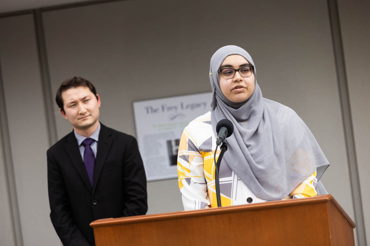 DFC graduate and current St. Thomas student Aiesha Osman speaks during an event celebrating the Frey Room and Board Grants gift in front of the newly renamed Mary and Gene Frey Hall (formerly Tommie East) on May 11, 2022, in St. Paul.