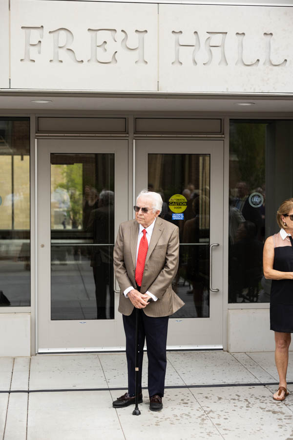 Gene Frey stands during an event celebrating the Frey Room and Board Grants gift in front of the newly renamed Mary and Gene Frey Hall (formerly Tommie East) on May 11, 2022 in St. Paul.